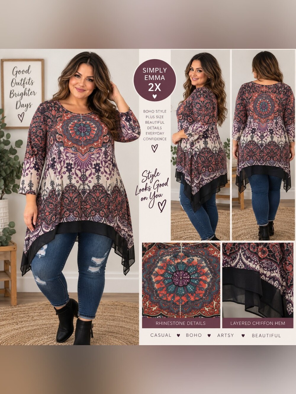 Simply Emma 2X Boho Paisley Mandala Rhinestone Handkerchief Hem Tunic Top